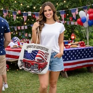 Route 66 American Flag Tote Bag Vintage Car Patriotic Coastal Beach Travel
